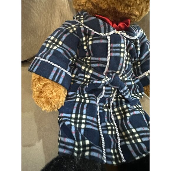 Plaid Pajama Teddy Bear Plush With Black Faux Fur Paws & Red Bow Tie 14 Inches - Picture 7 of 11